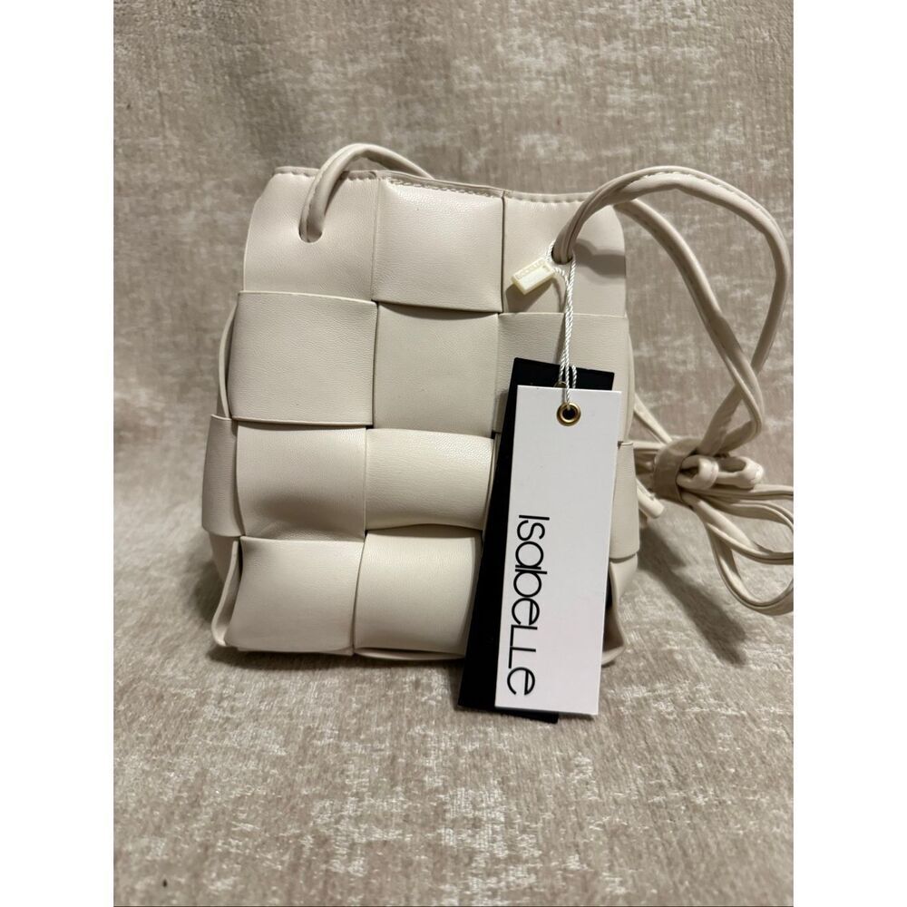 NWT Isabelle Women's Vegan Leather Woven Bucket Crossbody Ivory White OS
